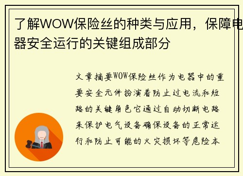 了解WOW保险丝的种类与应用，保障电器安全运行的关键组成部分