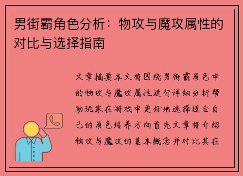 男街霸角色分析：物攻与魔攻属性的对比与选择指南